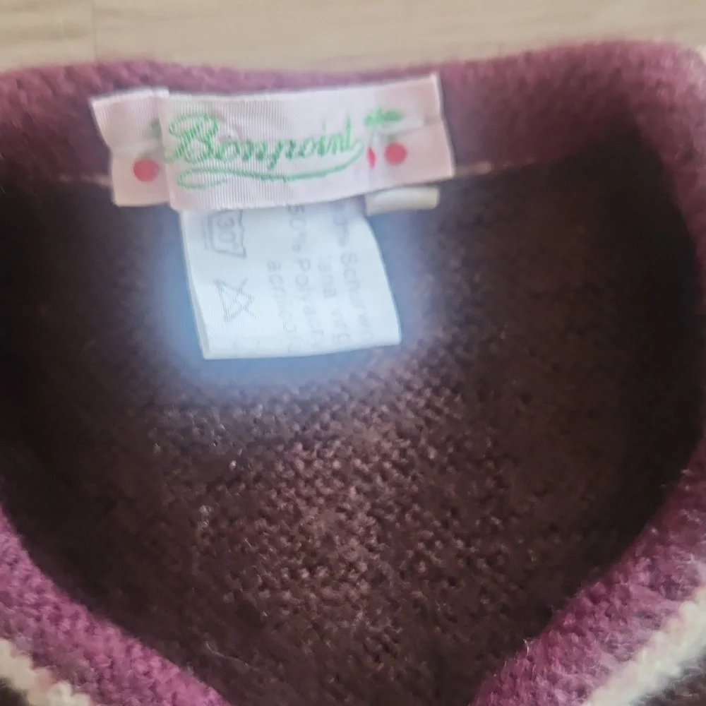 Bonpoint Wool Brown Cardigan with Purple Trim